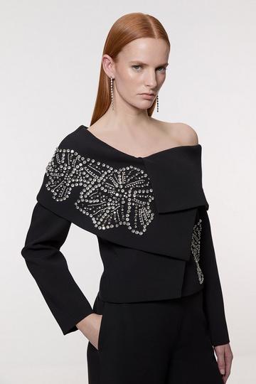 Black Placed Floral Crystal Embellished Tailored Asymmetric Jacket