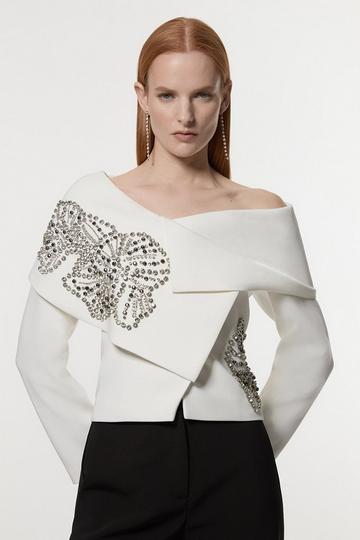 Placed Floral Crystal Embellished Tailored Asymmetric Jacket ivory