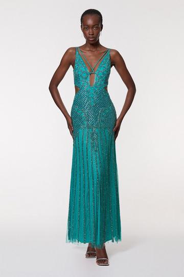 Teal Green Crystal Embellished Strappy Maxi Dress