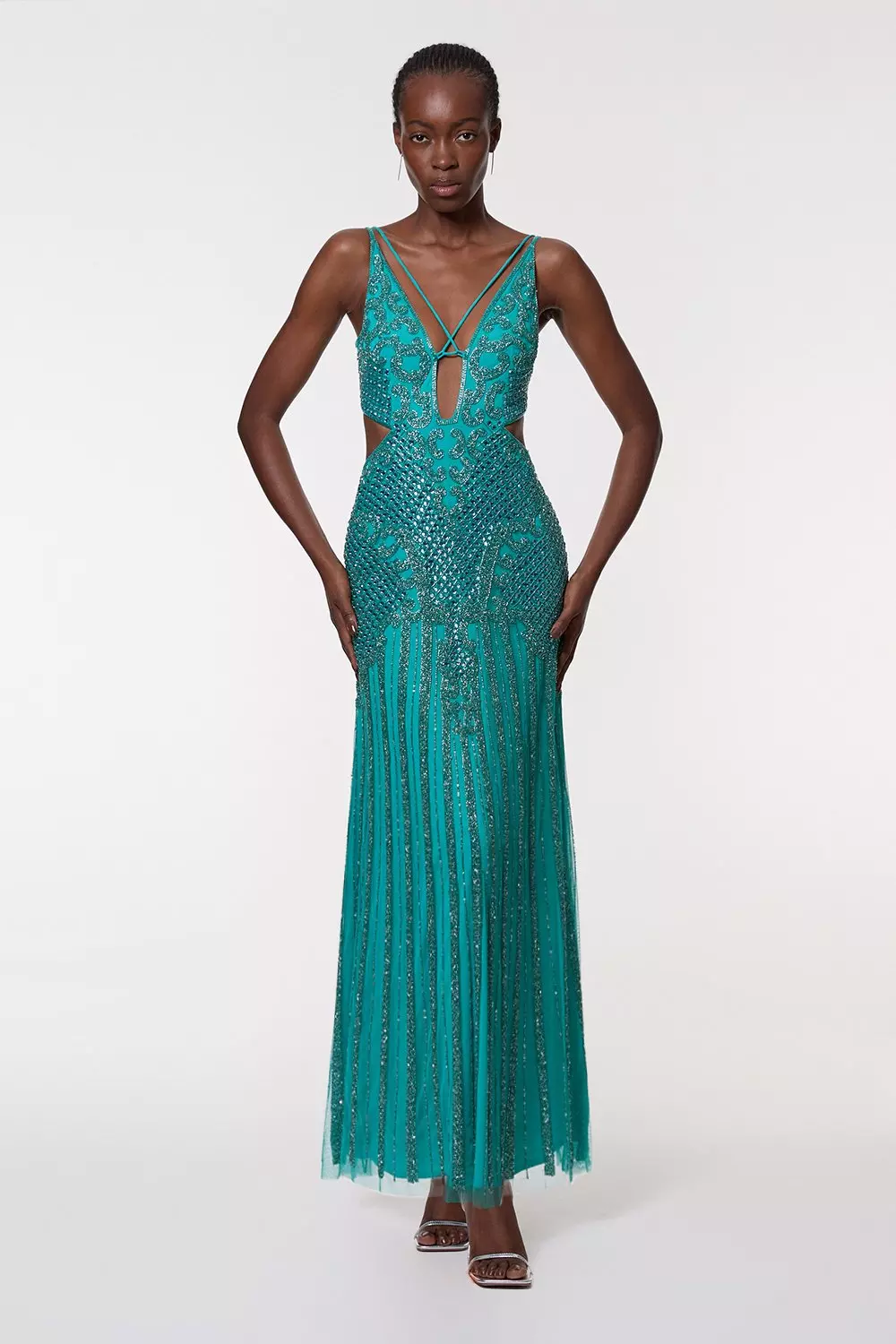 KAREN MILLEN マキシドレス ロールネック シア― マーメイド Metallic Embellished And Beaded Halter Maxi Dress | Karen Millen