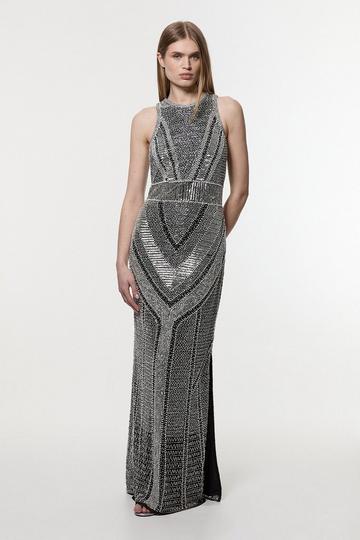 Petite Premium Beading And Embellished Woven Halter Neck Maxi Dress mono