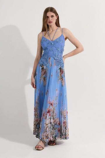 Floral Applique Lace Pleated Strappy Maxi Dress floral