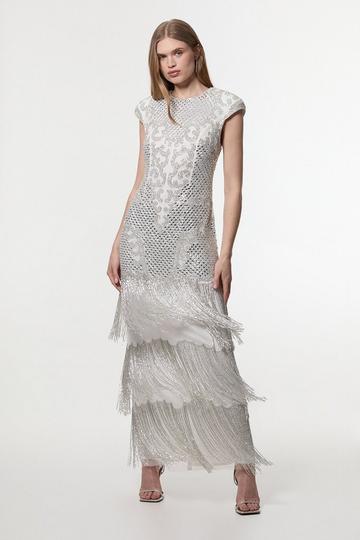 Crystal Embellished Fringe Maxi Dress ivory