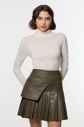 Leather Pleated Wrap Belt Mini Skirt olive