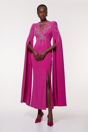 Crystal Embellished Cady Woven Cape Maxi Dress raspberry