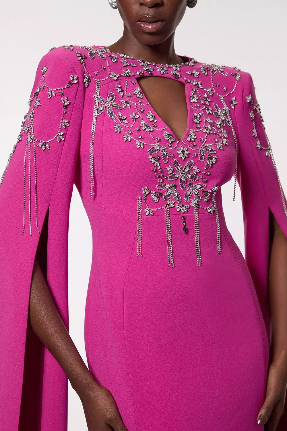 Crystal Embellished Cady Woven Cape Maxi Dress | Karen Millen