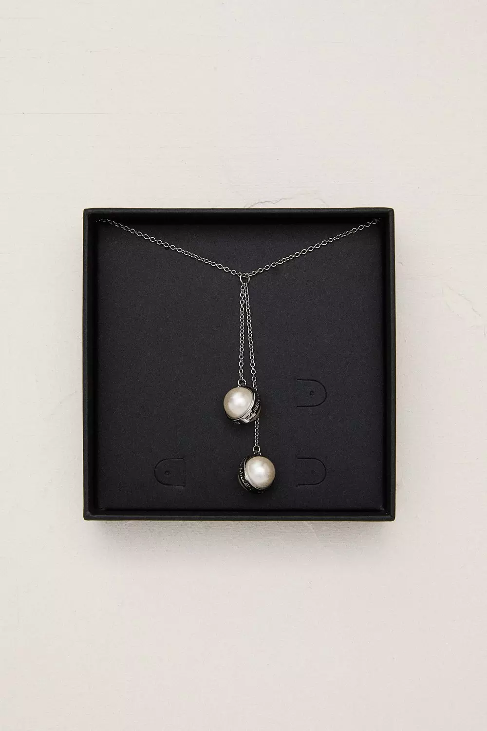 Silver Tone Logo Pearl Double Drop Necklace | Karen Millen