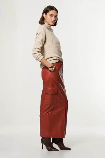 Leather Cargo Pocket Maxi Tailored Skirt tan