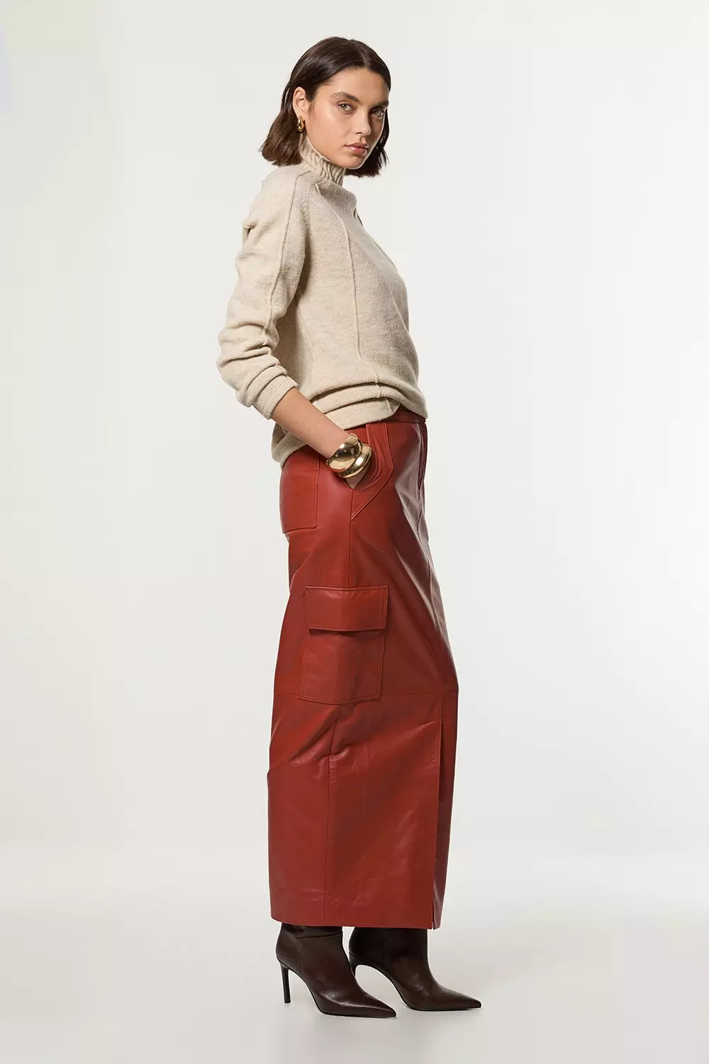 Leather Cargo Pocket Maxi Tailored Skirt Karen Millen
