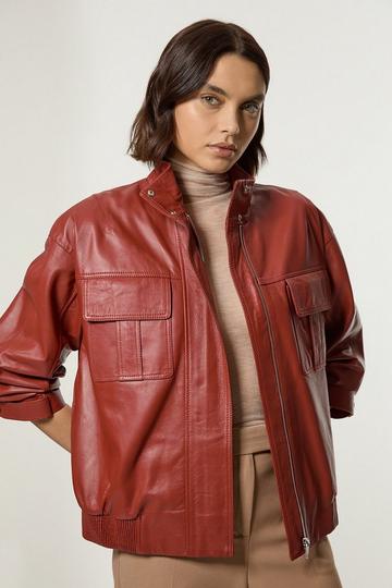 Leather Cargo Pocket Bomber Jacket tan