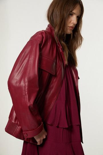 Leather Cargo Pocket Bomber Jacket wine