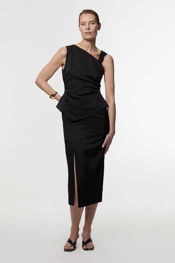 Black Premium Viscose Linen Asymmetric Neck Tailored Pencil Maxi Dress