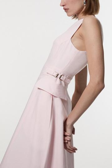 Premium Tailored Linen Buckle Detail Full Skirt Midi Dress blush