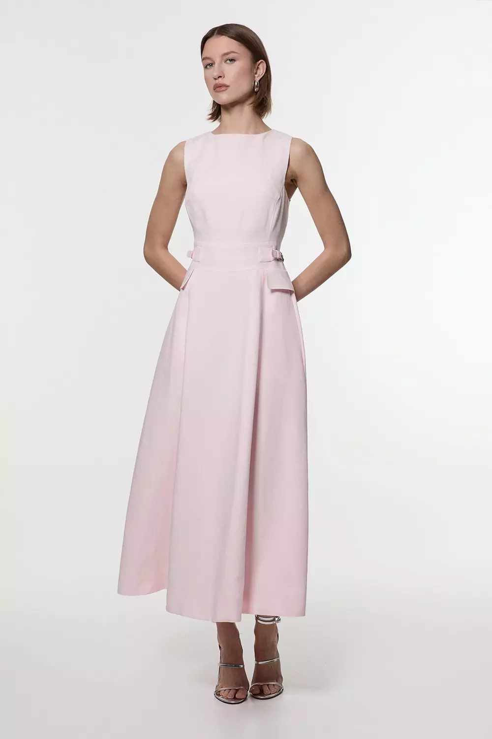 Premium Tailored Linen Buckle Detail Full Skirt Midi Dress