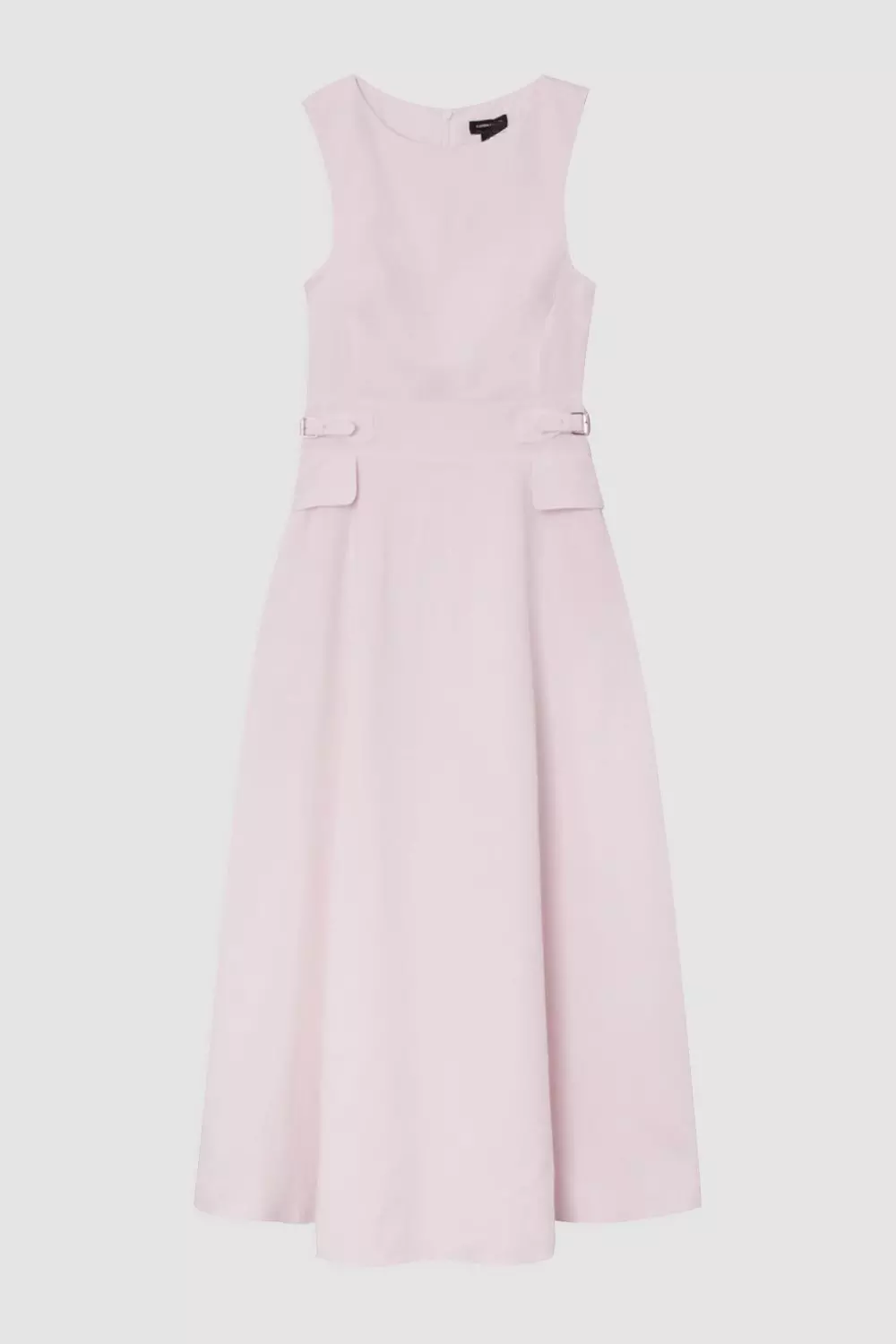 Premium Tailored Linen Buckle Detail Full Skirt Midi Dress