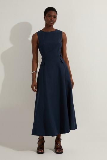 Premium Tailored Linen Buckle Detail Full Skirt Midi Dress navy