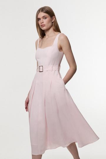 Premium Tailored Linen Belted Strappy Full Midi Dress blush