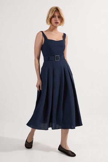 Navy Premium Tailored Linen Belted Strappy Full Midi Dress