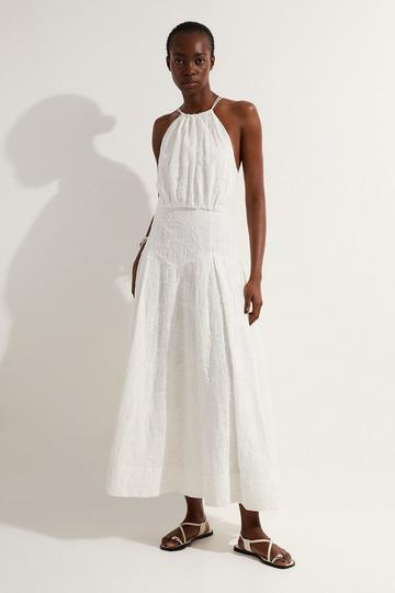 Cotton Broderie Strappy Halter Neck Woven Maxi Dress white