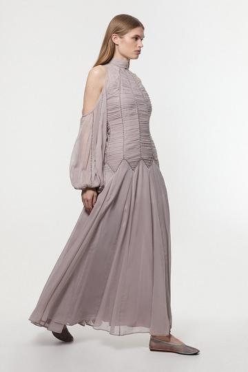 Petite High Neck Embellished Ruched Georgette Woven Maxi Dress silver