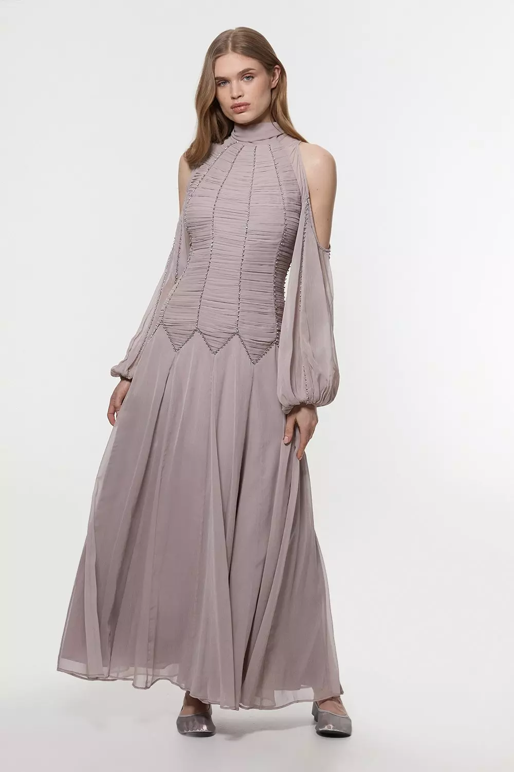 【KAREN MILLEN】サテンバッククレープバイアスミディドレス Petite High Neck Embellished Ruched Georgette Woven Maxi