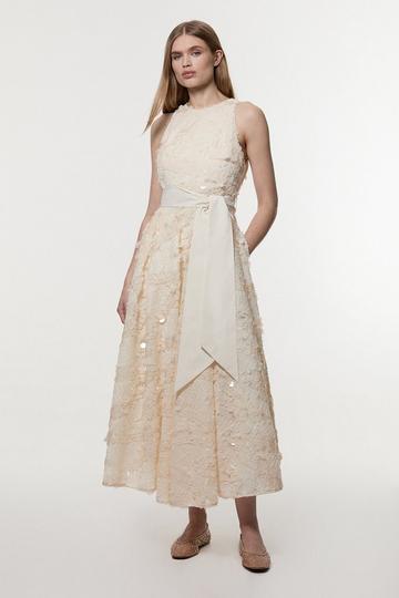 Sequin Floral Belted Woven Maxi Prom Dress blush