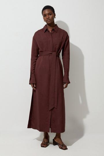 Viscose Linen Woven Belted Shirt Midi Dress chocolate