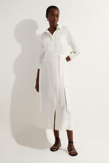 Viscose Linen Woven Belted Shirt Midi Dress white