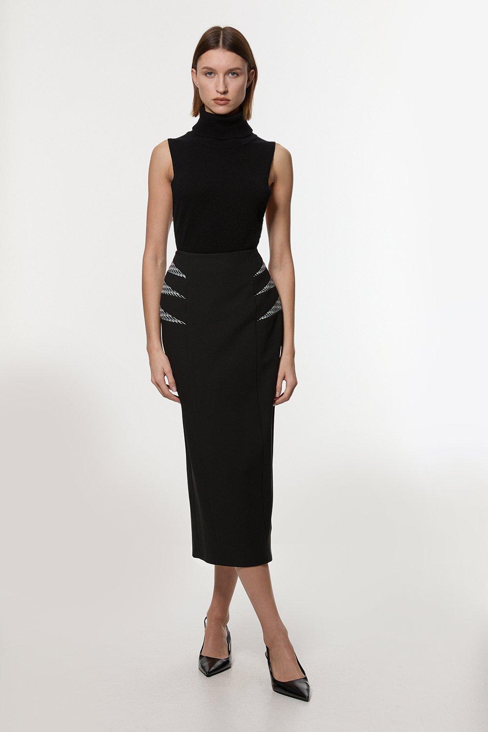 Compact Stretch Jacquard Insert Midi Pencil Skirt | Karen Millen