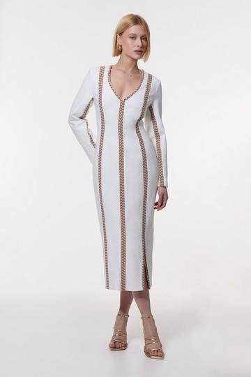 Compact Stretch Jacquard Insert Split Front Midaxi Dress ivory