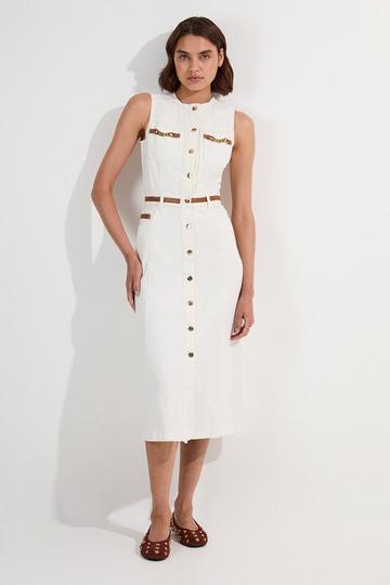 Denim & Faux Leather Tipping Sleeveless Midi Dress ivory