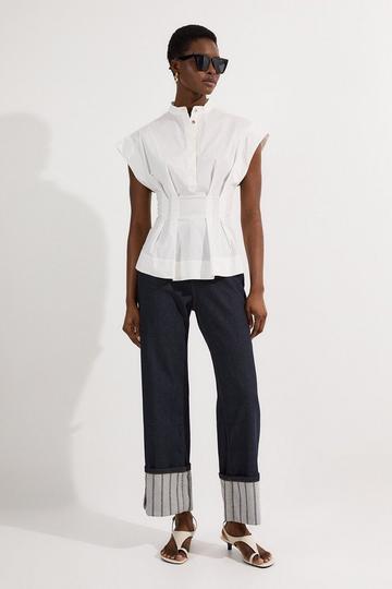 Stripe Denim Turn Up Straight Leg Jean mid blue