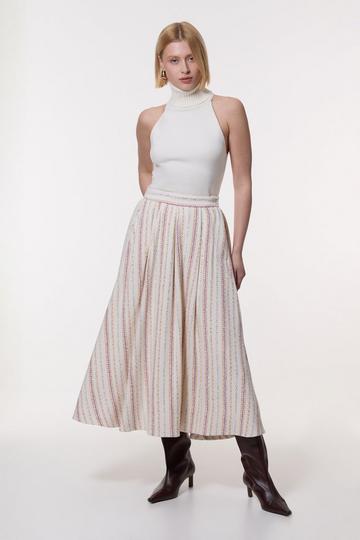 Premium Woven Stripe Tailored Pleated Midi Skirt pink