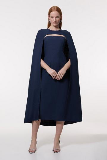 Navy Premium Tailored Linen Drama Cape Midi Dress