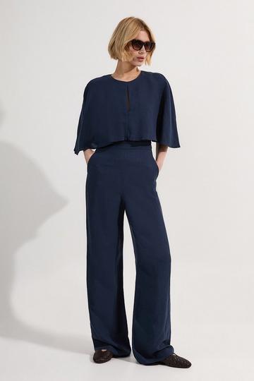 Premium Tailored Linen Drama Cape Jumpsuit navy