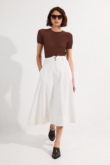 Denim High Waist Full Midi Skirt ivory