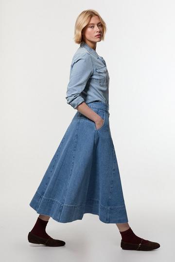 Denim High Waist Full Midi Skirt mid blue