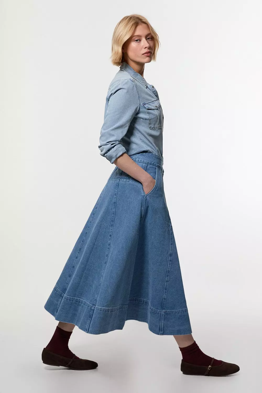 Mid blue Denim High Waist Full Midi Skirt alternative image