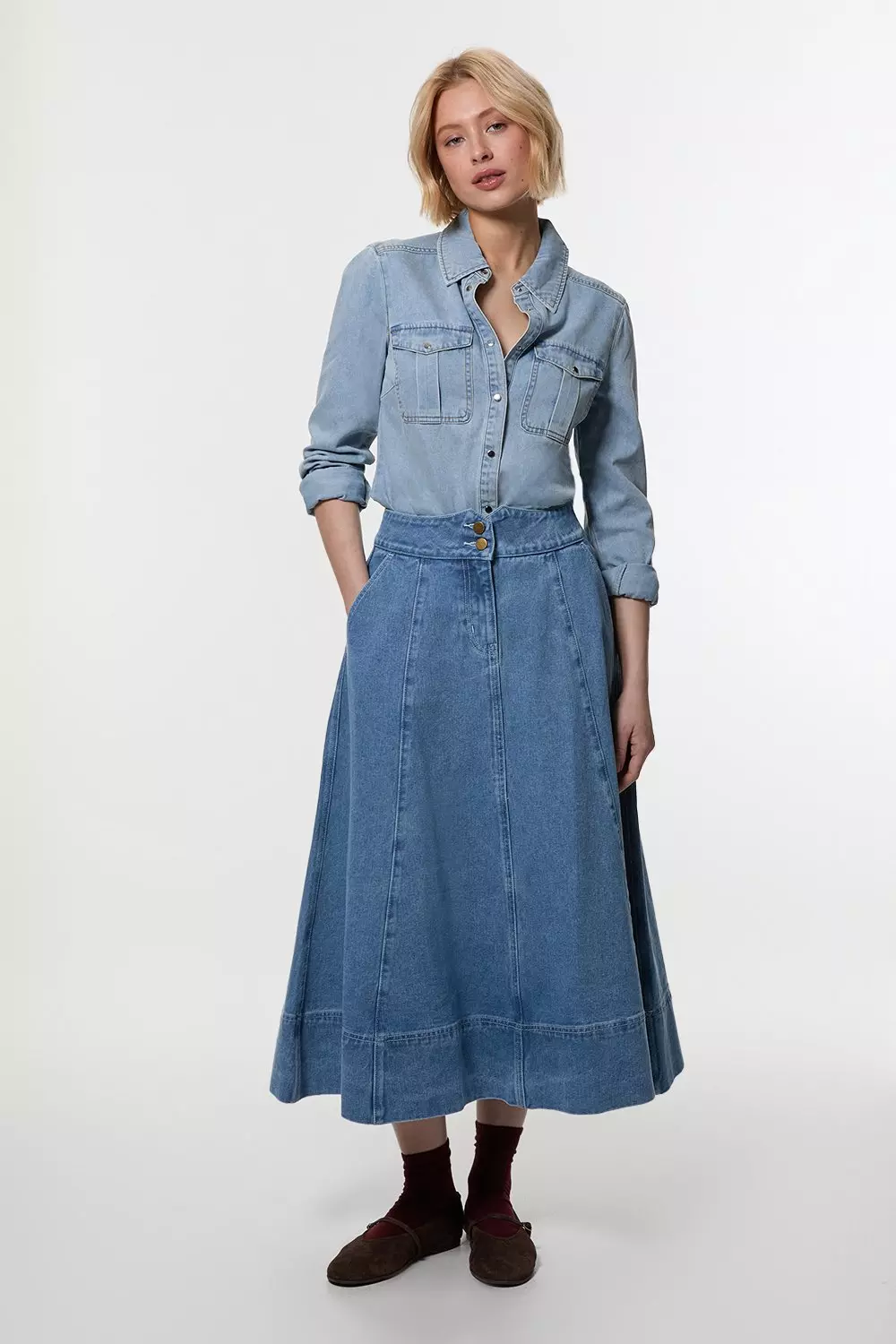 Mid blue Denim High Waist Full Midi Skirt alternative image