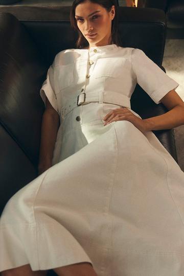 Denim Soft Wash Short Sleeve Belted Midi Dress ivory