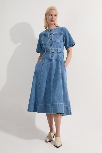 Blue Denim Soft Wash Short Sleeve Belted Midi Dress