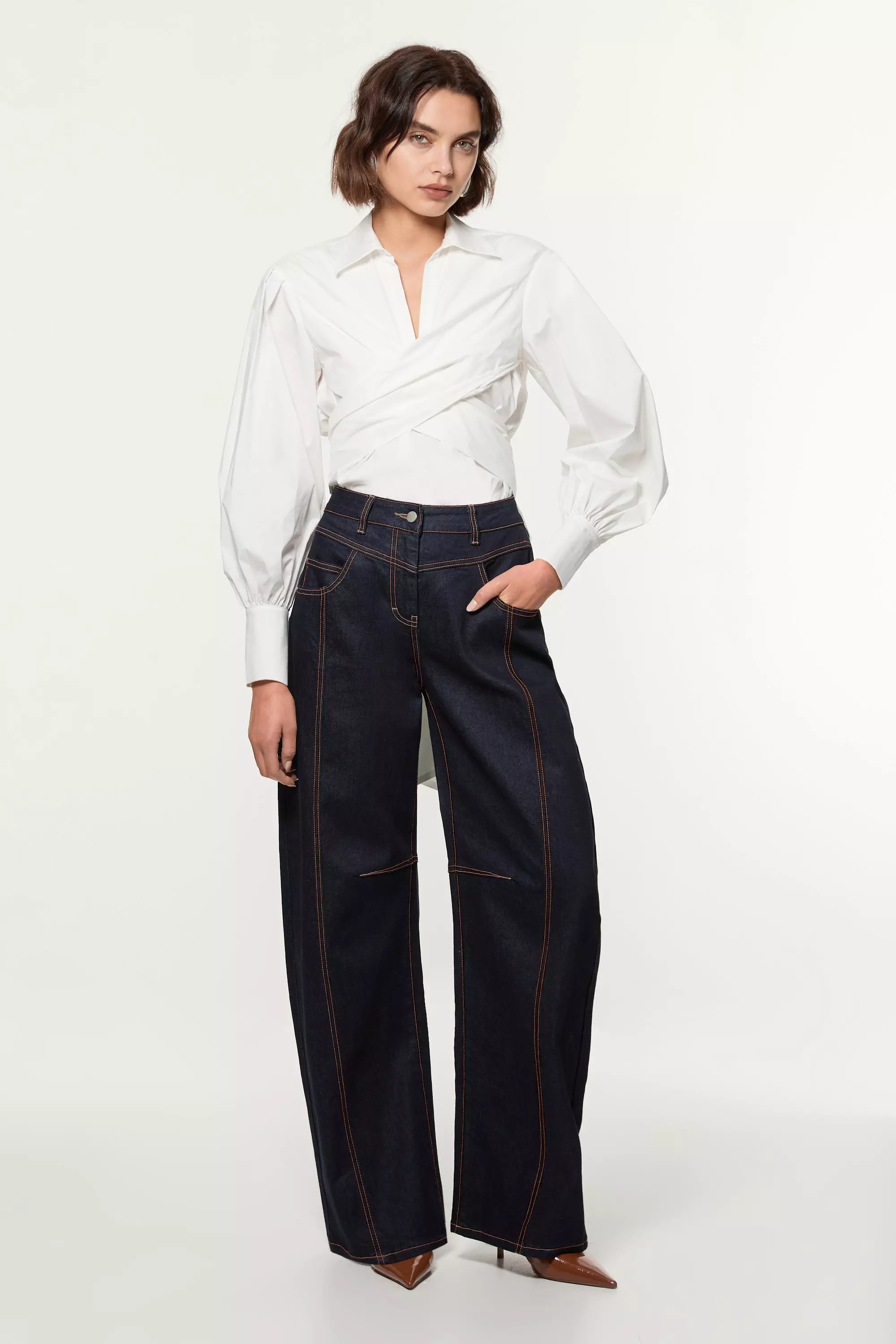 Contrast Stitch Detail Barrel Leg Denim Jean | Karen Millen