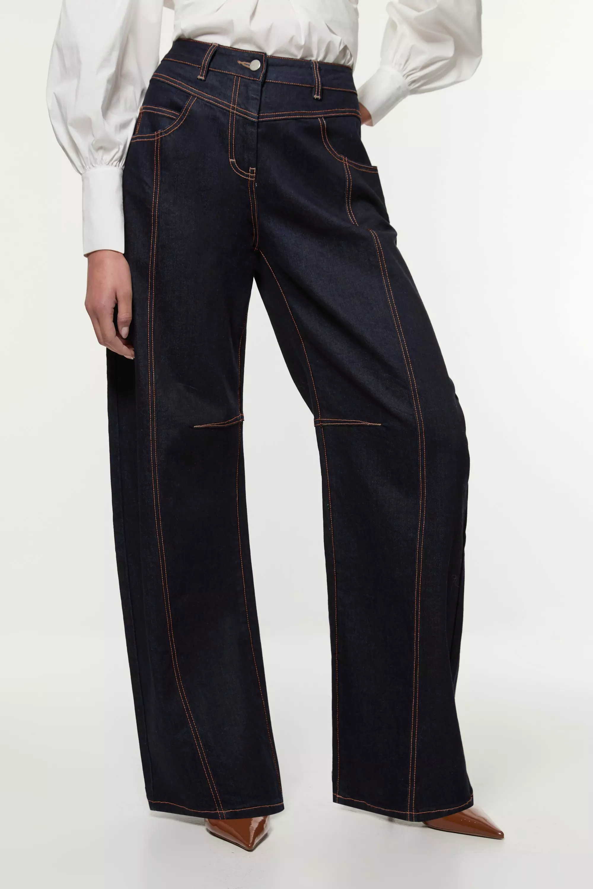 Contrast Stitch Detail Barrel Leg Denim Jean | Karen Millen