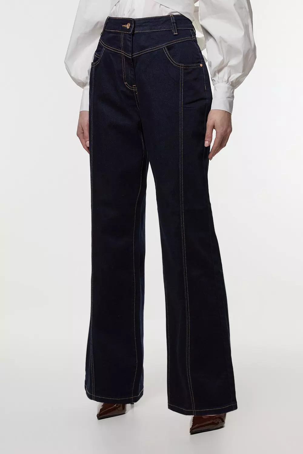 Denim Contrast Stitch Detail Straight Leg Jean | Karen Millen