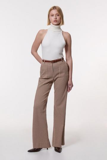 Camel Beige Jacquard Tailored Flared Straight Leg Trouser