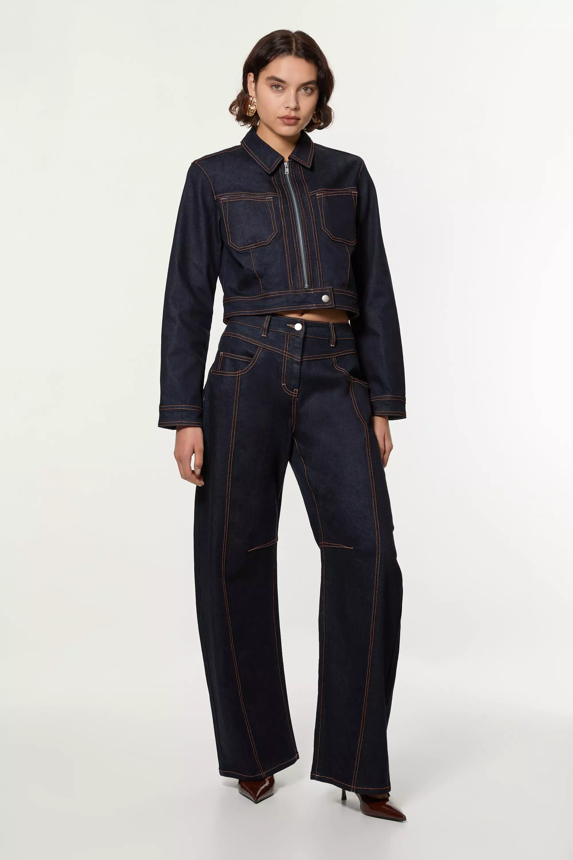 PixieGirl Petite Women's Dark Blue Contrast Stitch Cropped