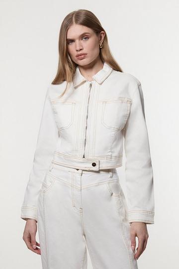 Indigo Denim Contrast Stitch Detail Zip Through Jacket ivory