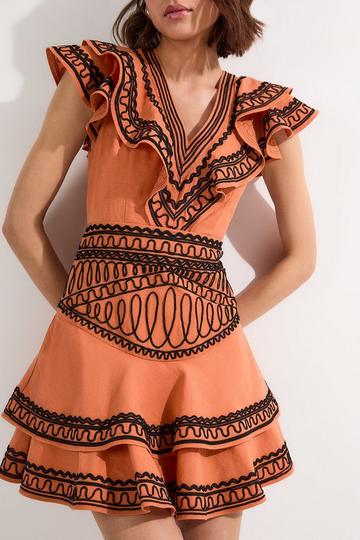 Embroidered Cotton Linen Woven Plunge Mini Dress orange