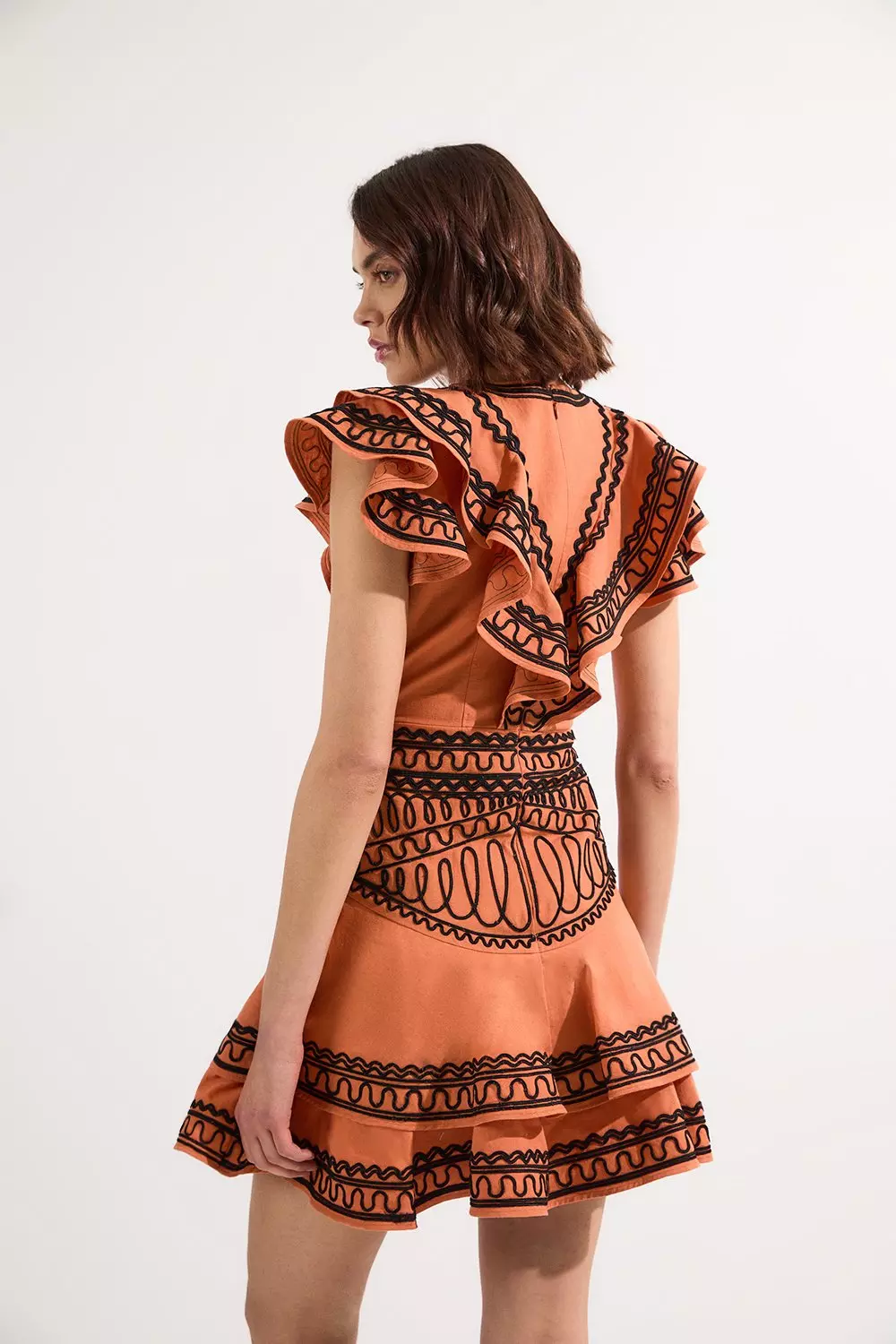 Embroidered Cotton Linen Woven Plunge Mini Dress | Karen Millen