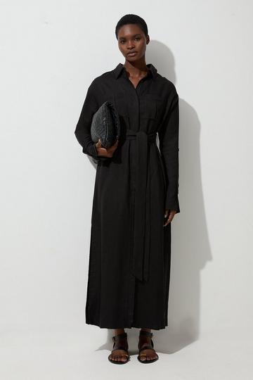 Black Viscose Linen Woven Belted Shirt Dress